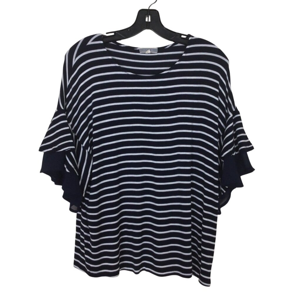 Pleione Top Women’s M Medium Navy Blue White Striped Short Sleeve Blouse Shirt